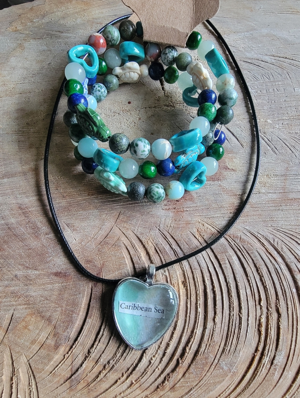 Handcrated Heart Pendant Necklace with Multi-stone Wire Wrap Beaded Bracelet Set